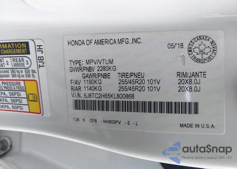 2019 Acura Rdx A-Spec Package z USA, uszkodzony, nr VIN 5J8TC2H65KL800868